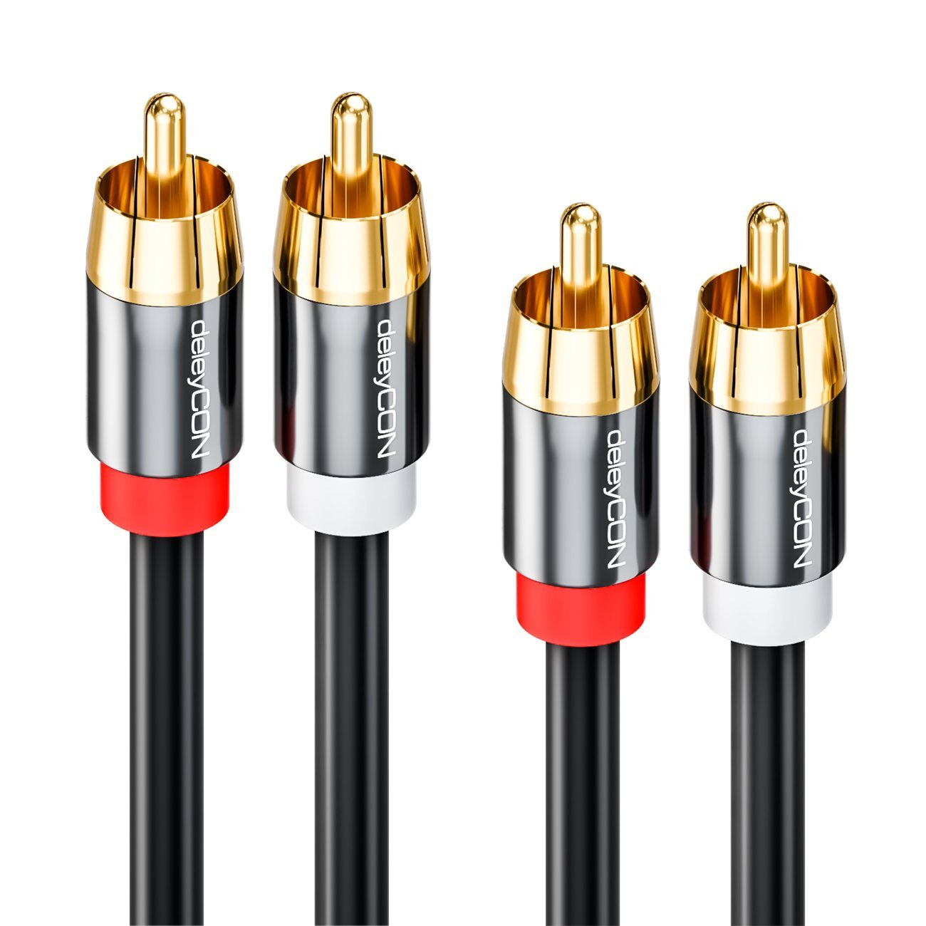 Zwei Paare schwarzer Audiokabel mit goldenen und rot/weißen Steckern. Weißer Hintergrund.