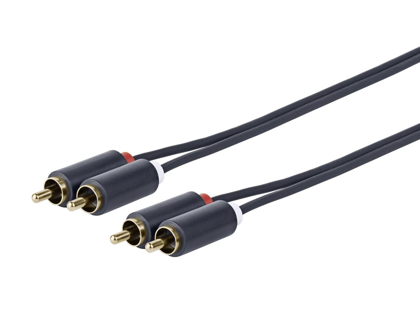 Due paia di cavi audio neri con connettori dorati e rosso/bianco. Sfondo bianco.
