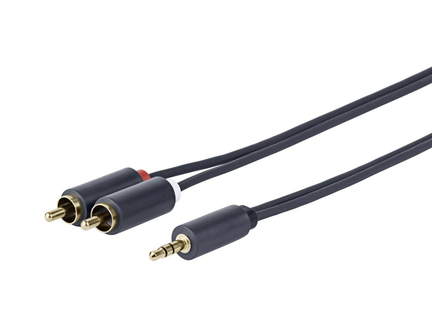 Cavo audio nero con jack da 3,5 mm e due connettori RCA. Un RCA ha un anello rosso.