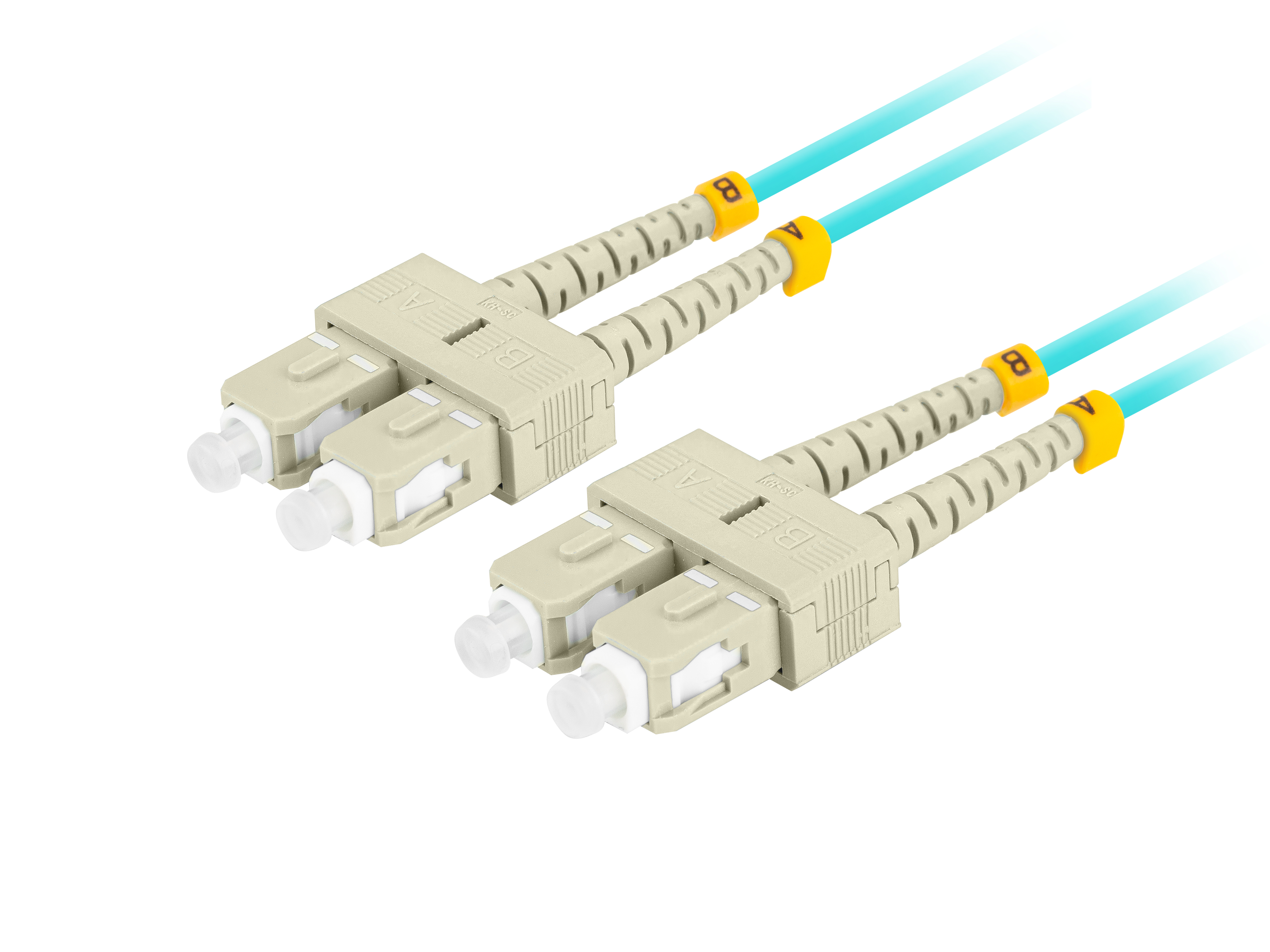 Due cavi in fibra ottica con connettori grigio chiaro e cavi blu. Isolati su sfondo bianco.