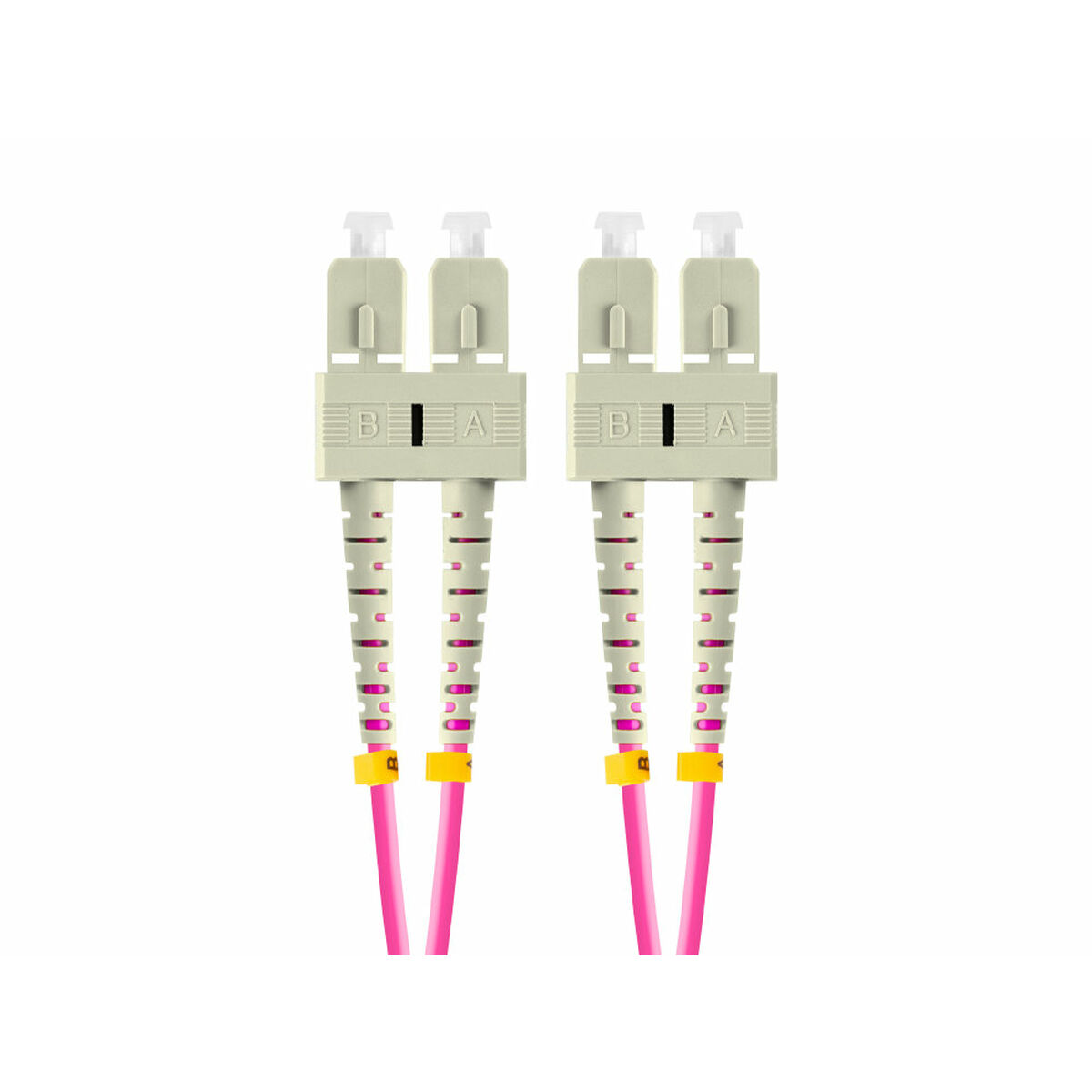 Due cavi in fibra ottica con connettori beige e cavi rosa su sfondo bianco.
