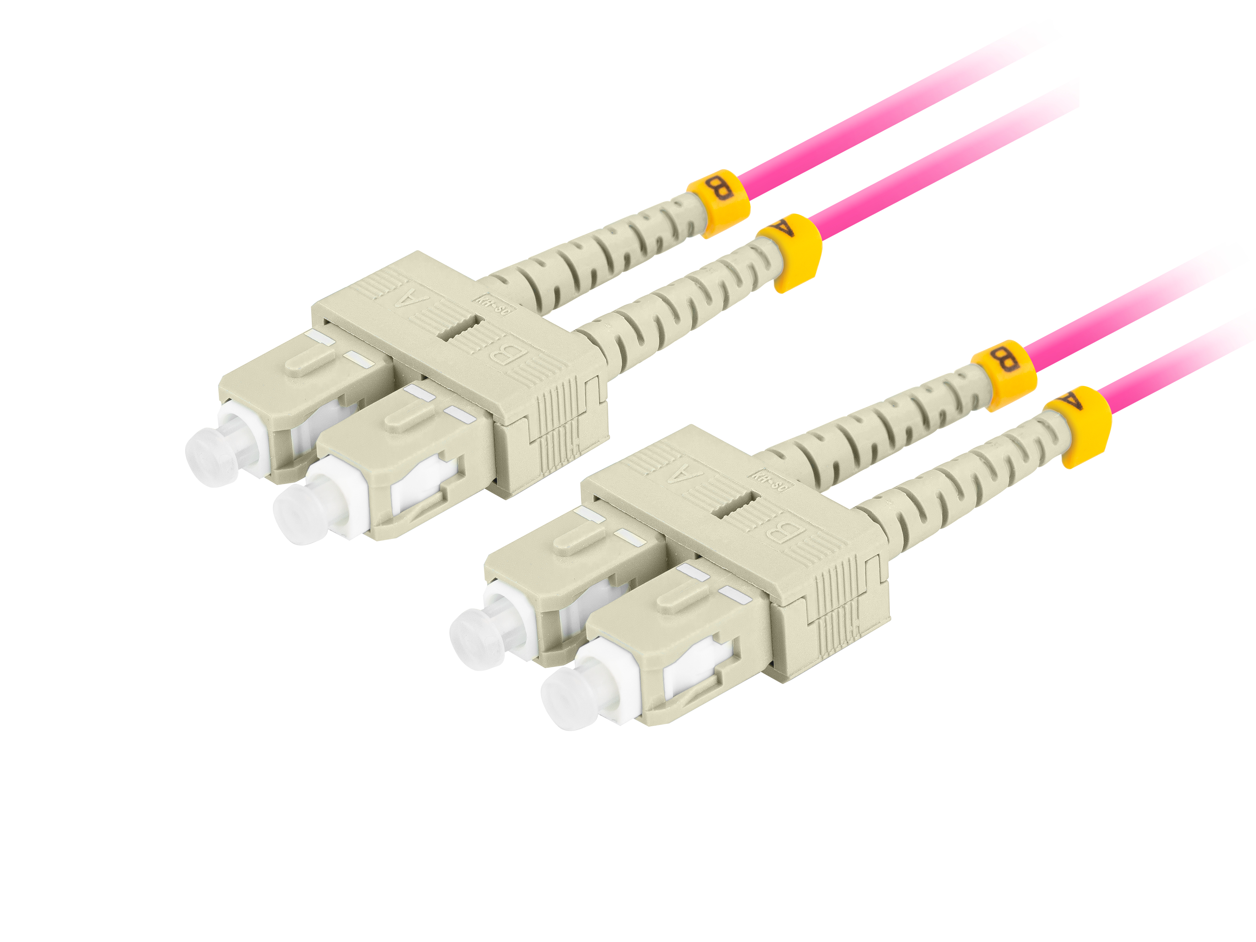 Due cavi in fibra ottica con connettori beige e cavi rosa su sfondo bianco.