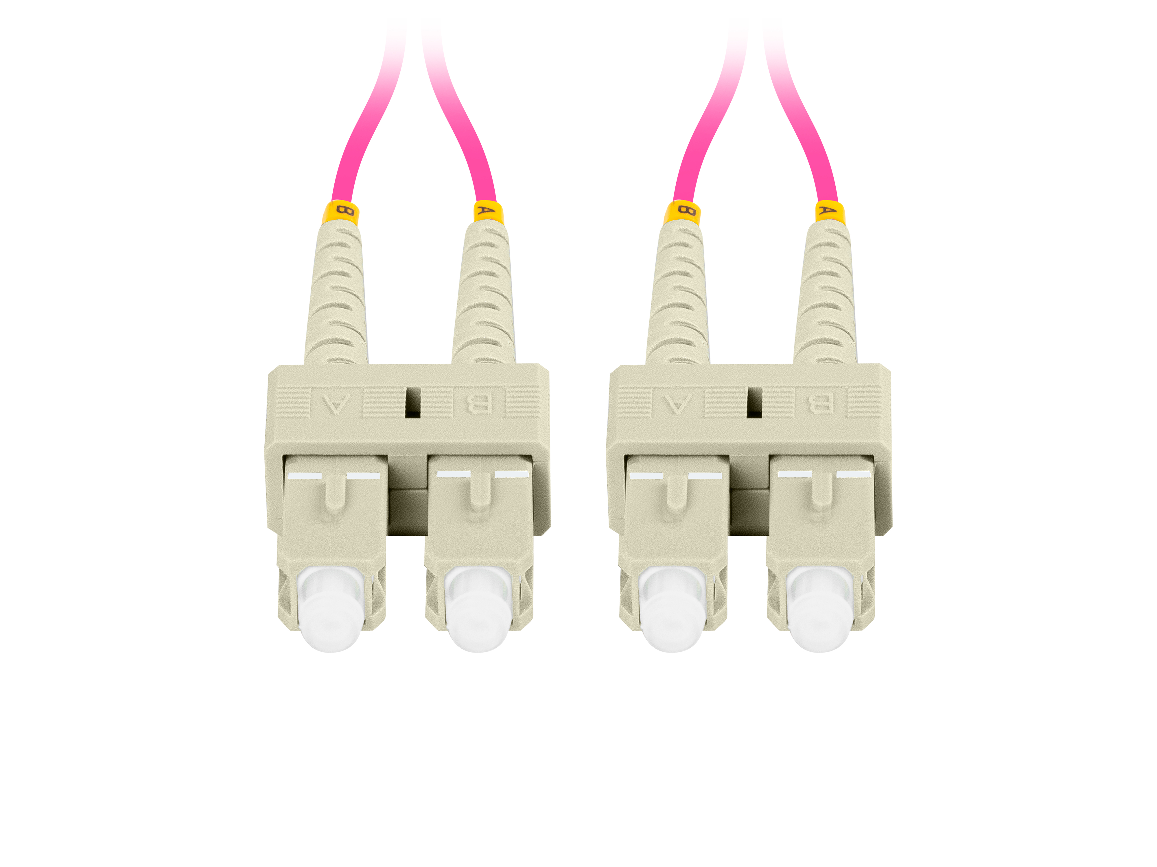 Due cavi in fibra ottica con connettori beige e cavi rosa su sfondo bianco.