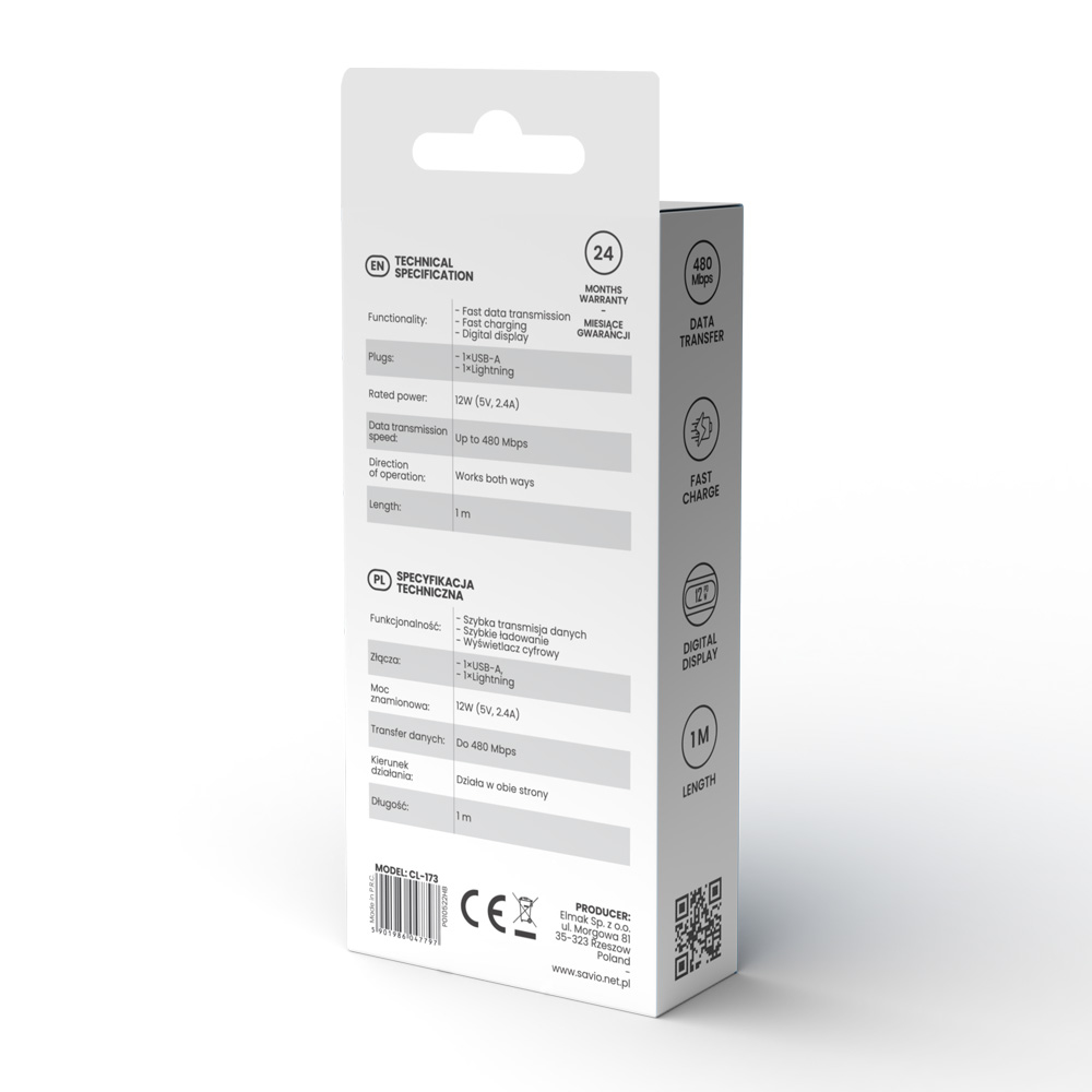 Białe pudełko ze specyfikacją techniczną kabla USB do lightning, z szybkim ładowaniem i transferem danych.