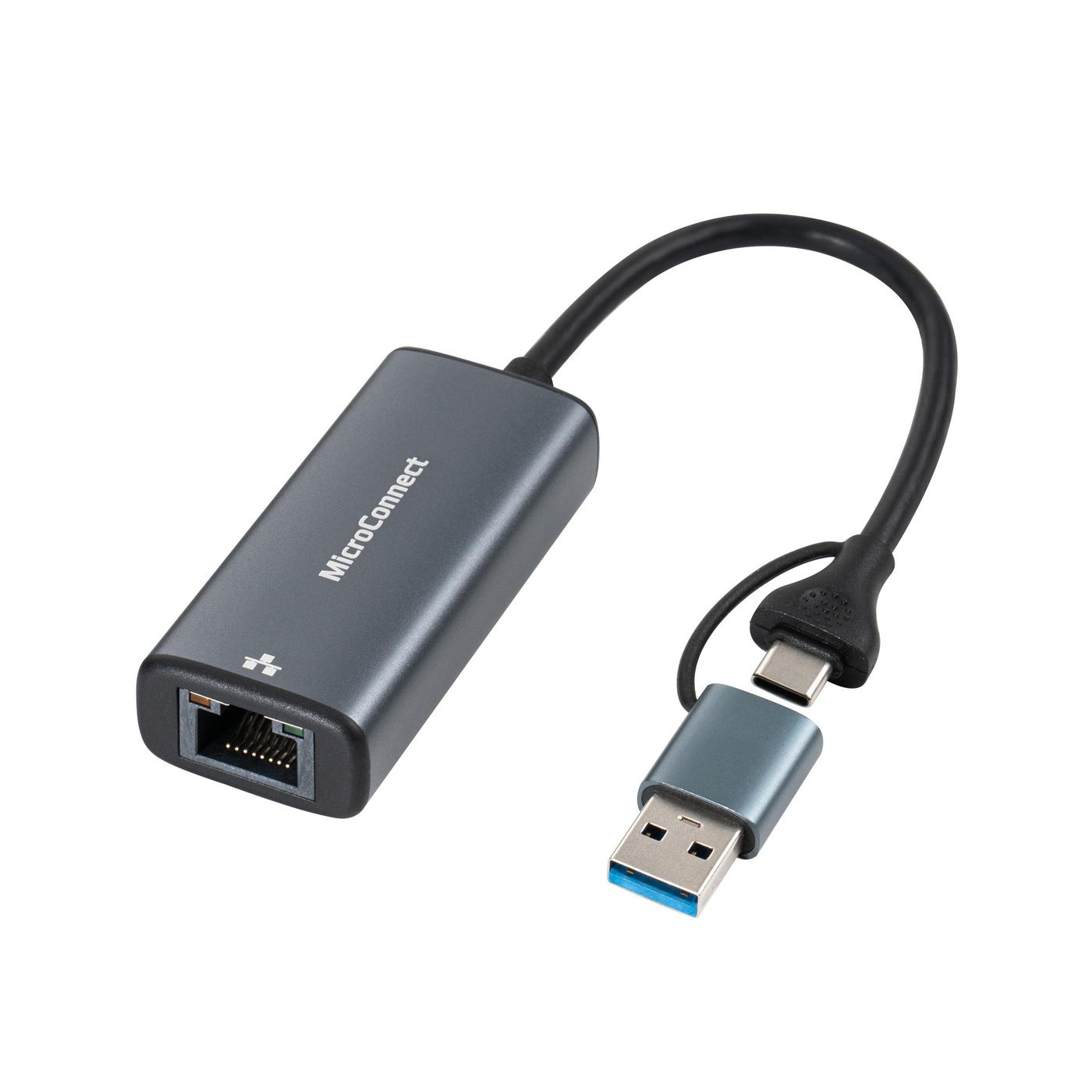 Adattatore MicroConnect grigio con connettori USB ed Ethernet.