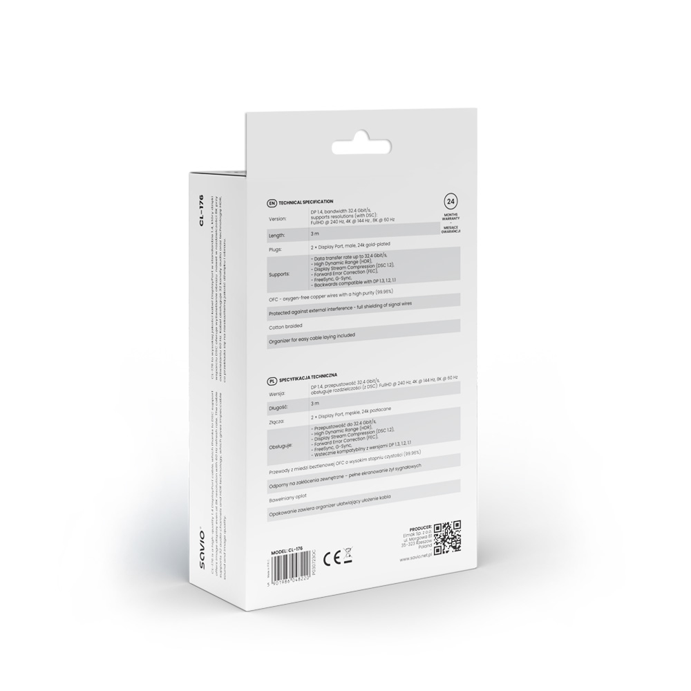 Pudełko kabla DisplayPort Savio, z informacjami o produkcie i specyfikacjami, białe tło.