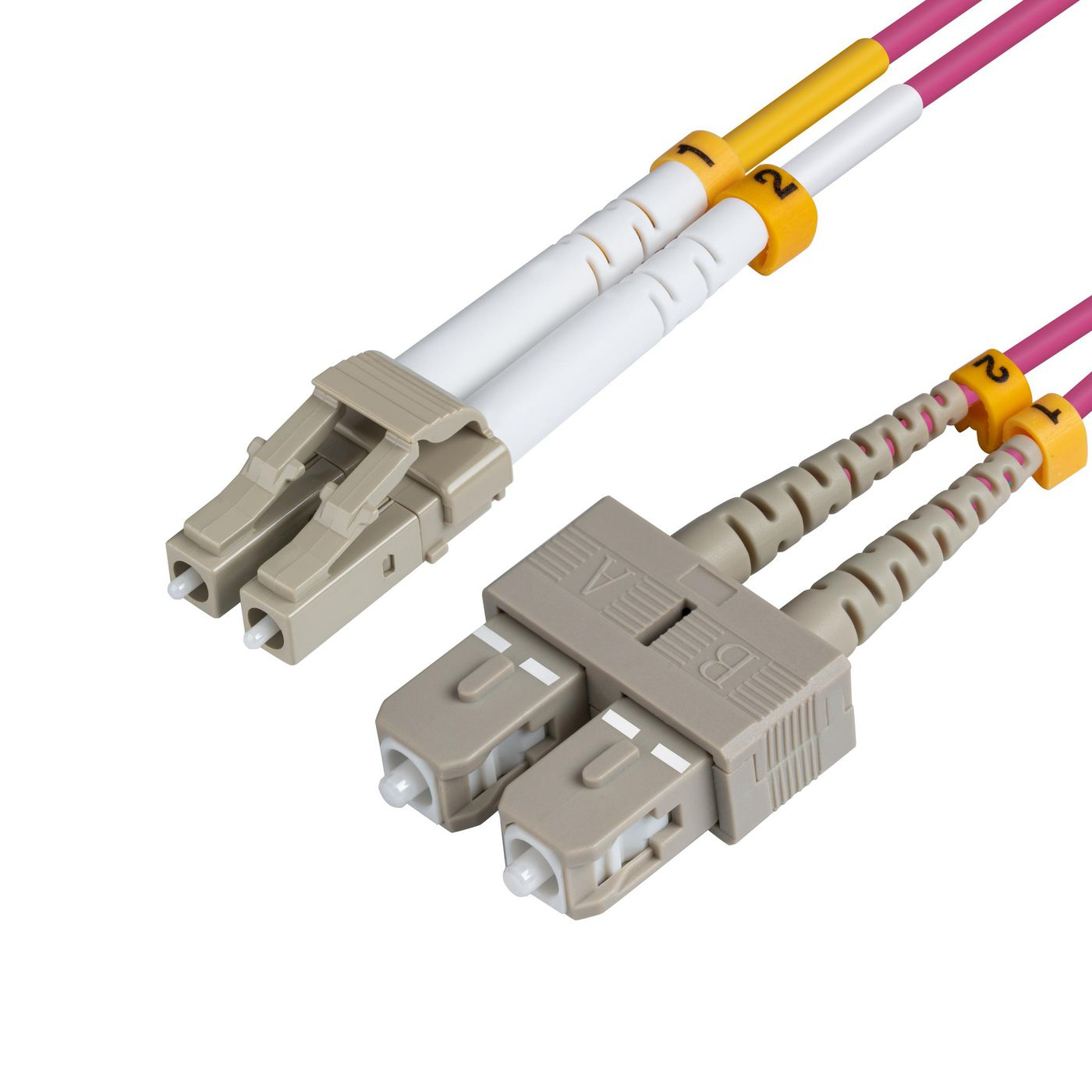 Due cavi in fibra ottica con connettori beige ed estremità gialle/rosa.