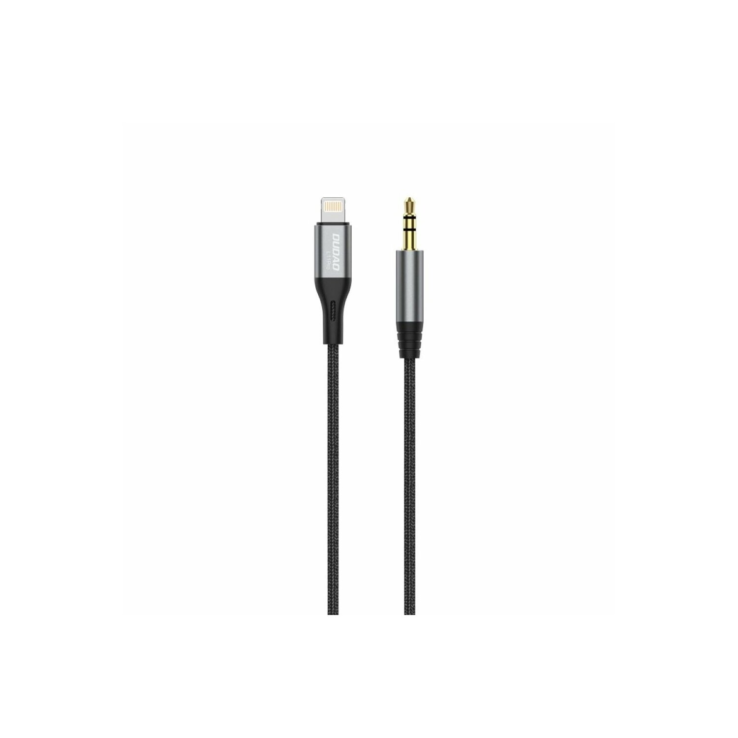 Czarny i srebrny kabel audio Lightning do 3,5 mm na białym tle.