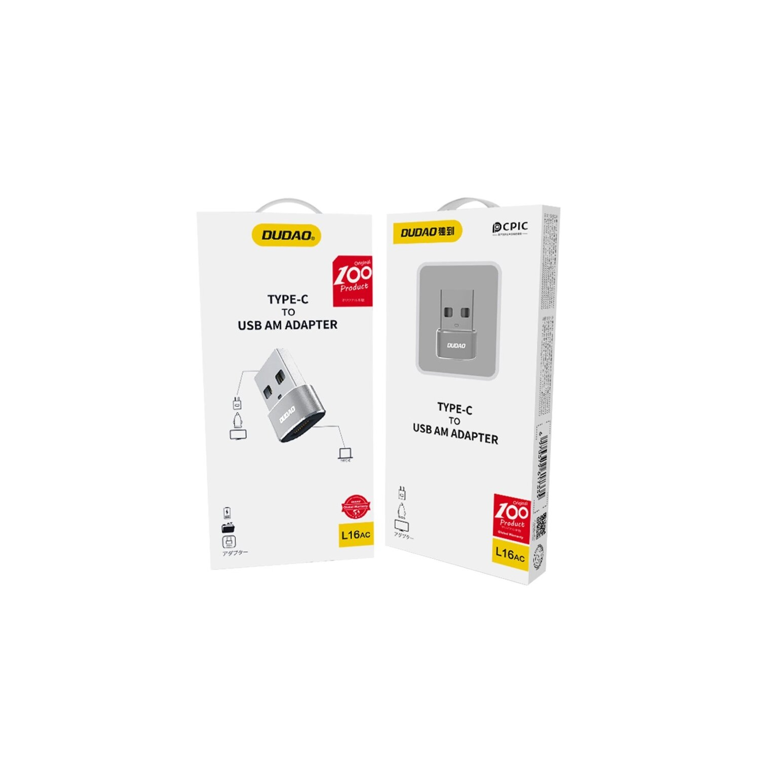 Dwa pudełka adapterów DUDUO Type-C na USB AM. Oba pudełka są białe.