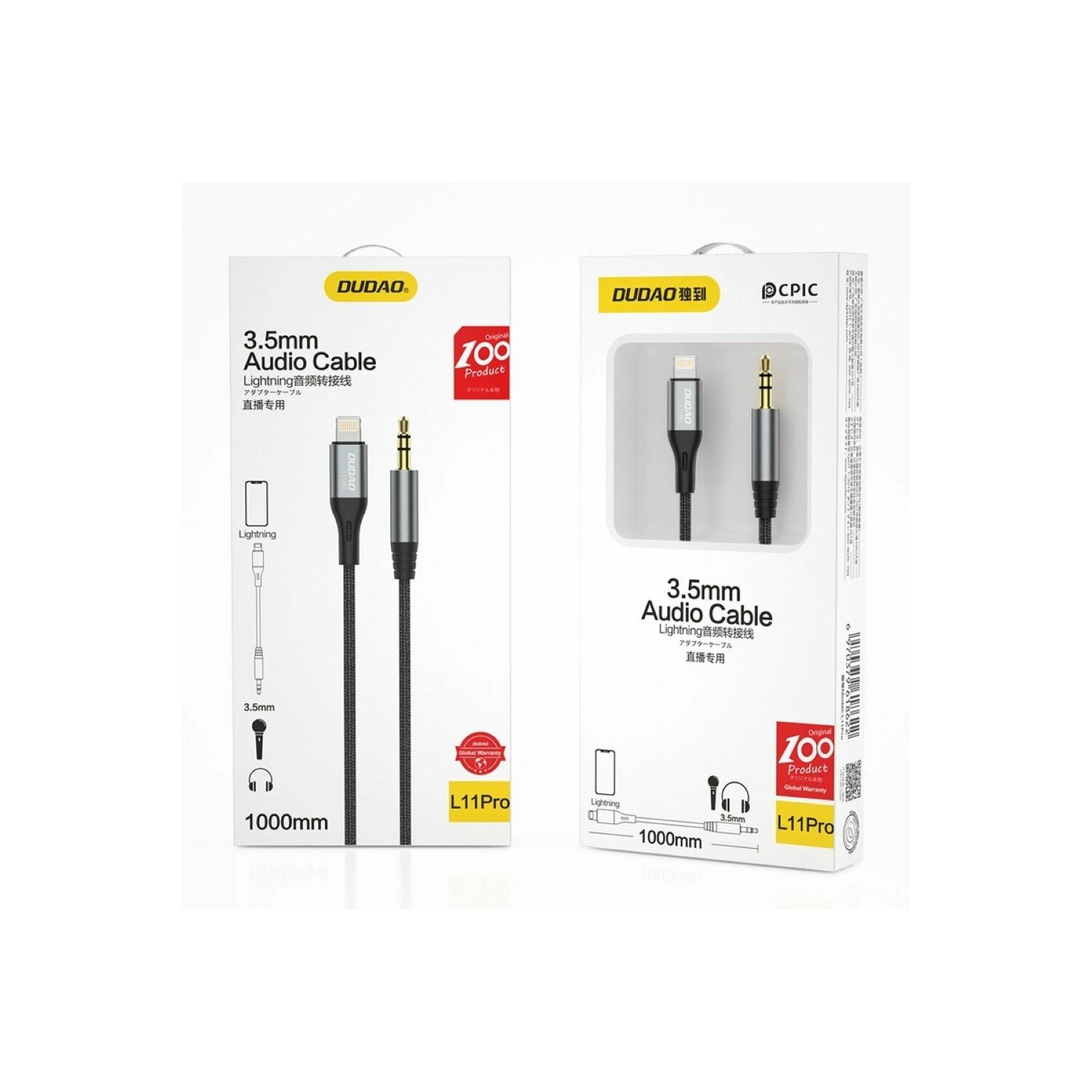 Dwa kable audio 3,5 mm w pudełkach, ze złączami Lightning i 3,5 mm, na białym tle.