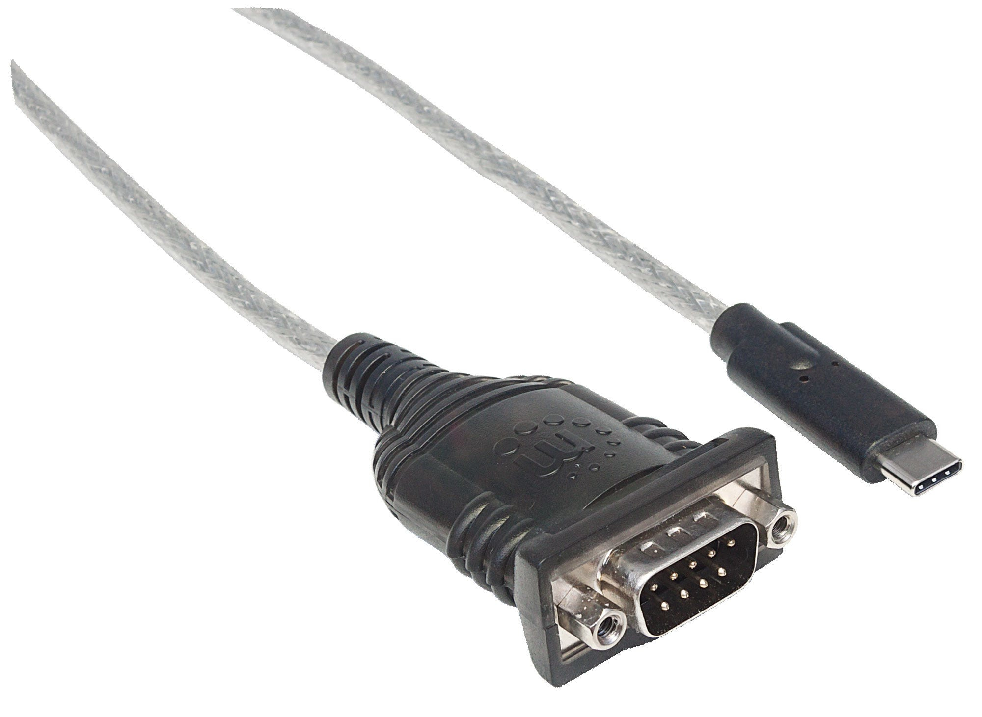 Un cavo nero con un connettore a 9 pin e un connettore USB-C su sfondo bianco.
