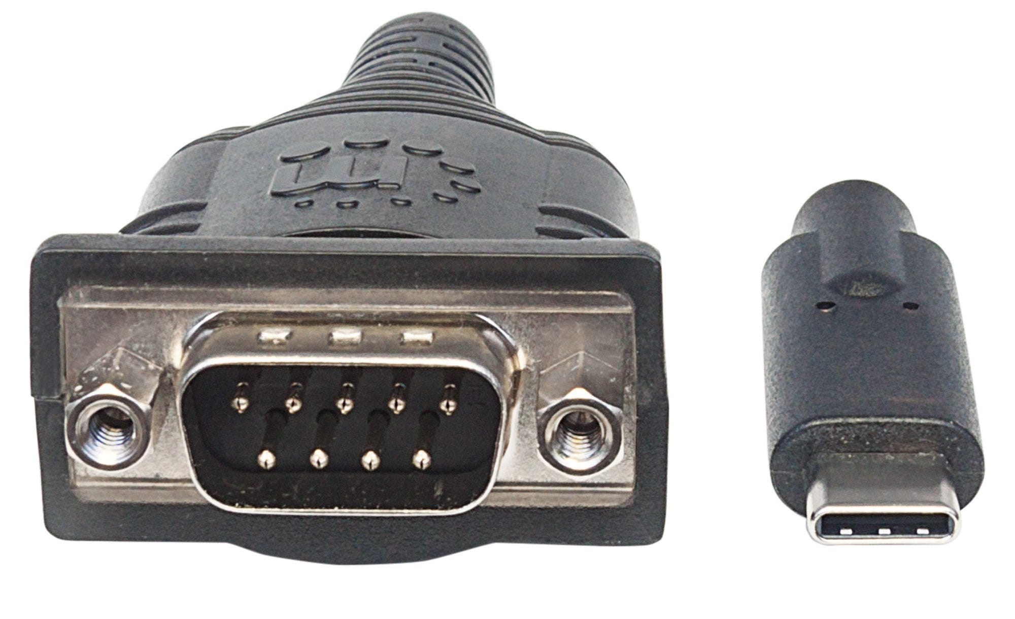 Connettori D-SUB e USB-C neri su sfondo bianco, vista ravvicinata.