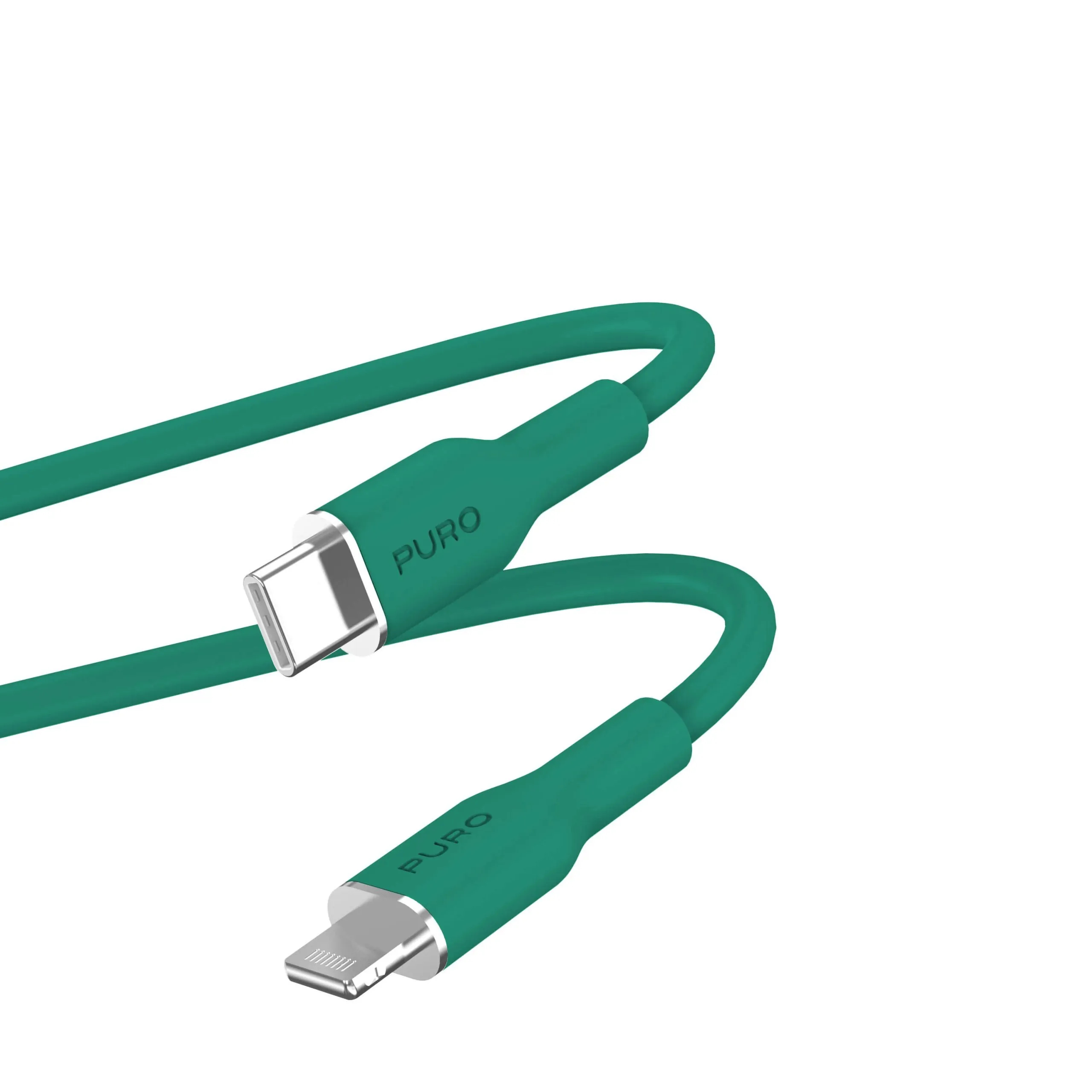 Cavo da USB-C a Lightning verde, connettori mostrati, isolato.