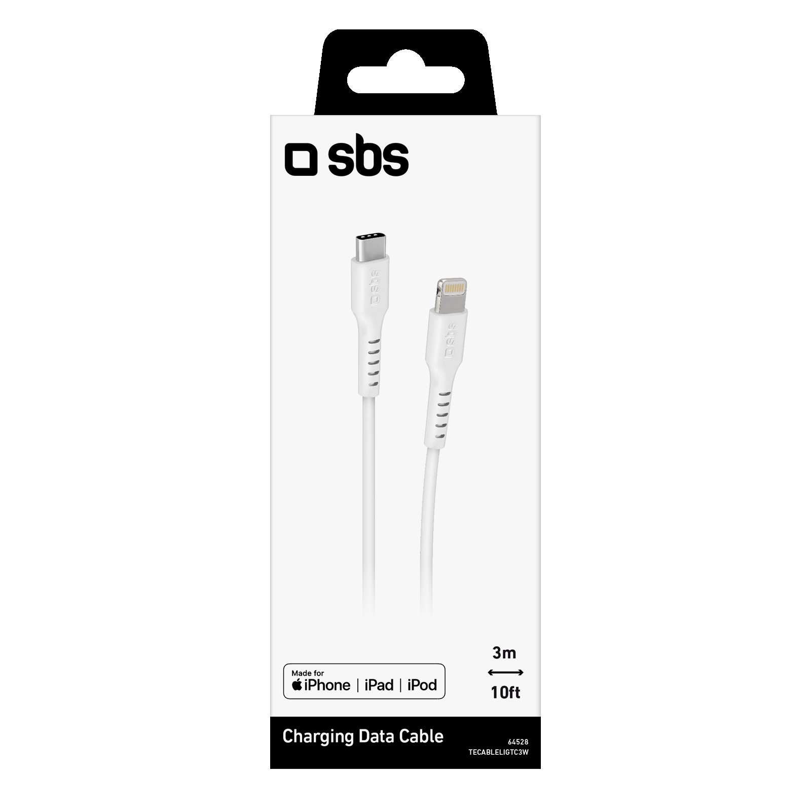 Cable de carga blanco en caja, etiquetado para iPhone, iPad y iPod. Fondo negro.