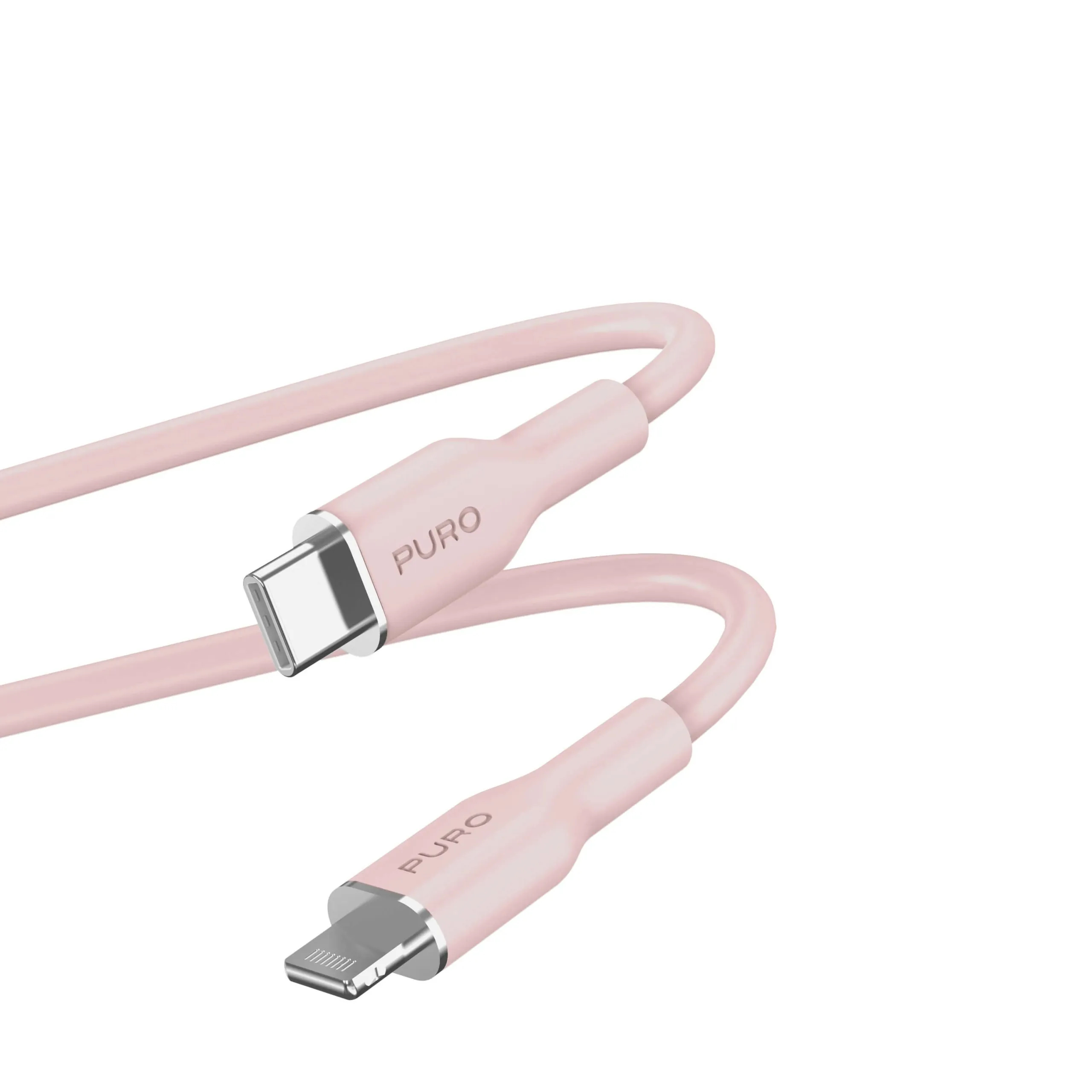 Cavo rosa con connettori USB-C e Lightning, marchio PURO, su sfondo bianco.