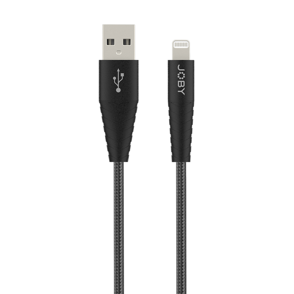 Câble USB vers Lightning noir JOBY. Le câble est en tissu noir tissé.