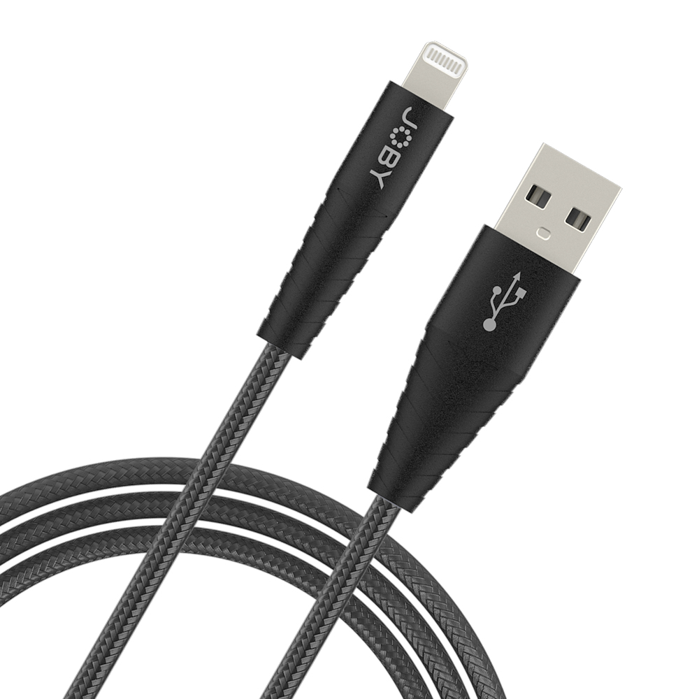 Câble USB vers Lightning noir JOBY. Le câble est en tissu noir tissé.