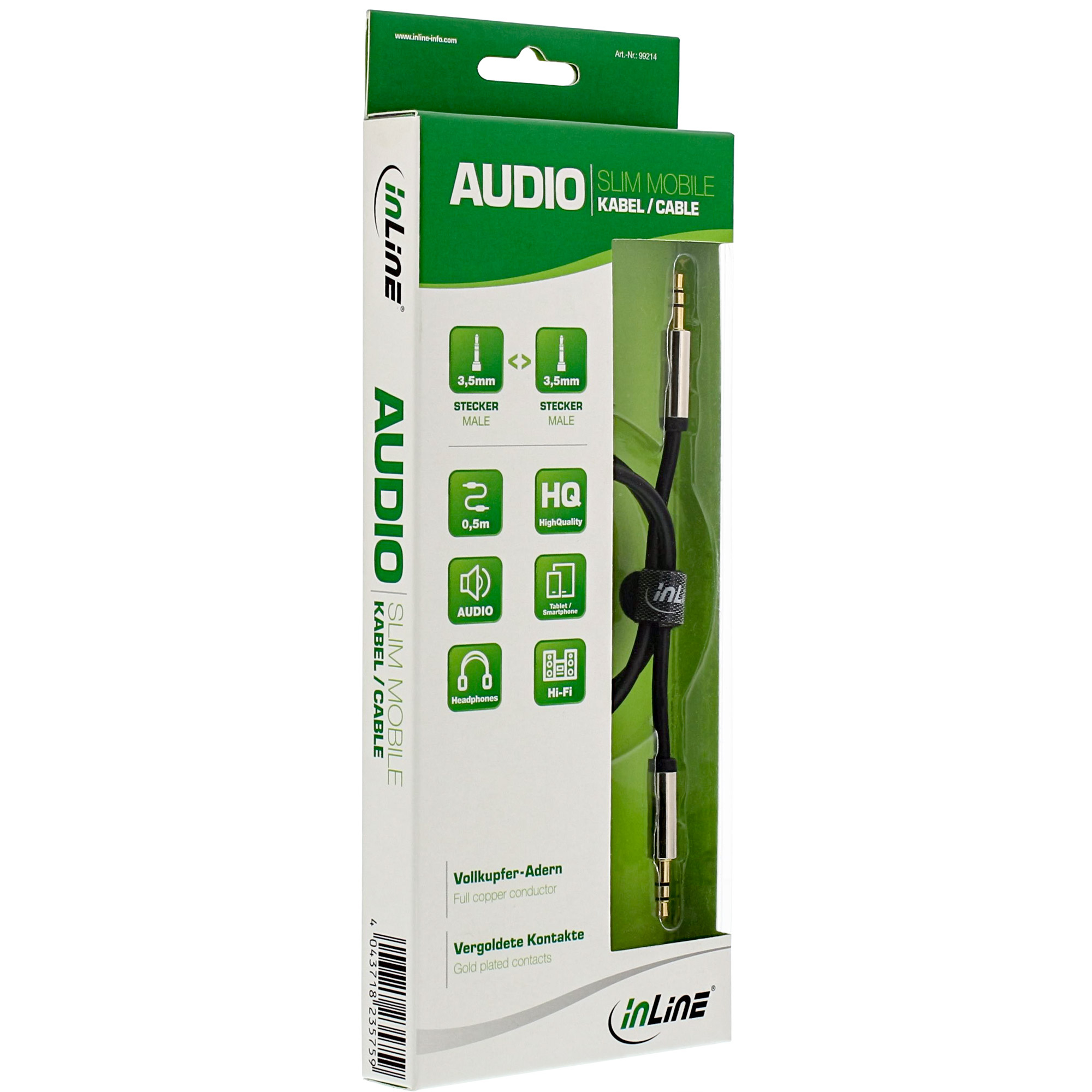 Box mit Audiokabel. Zeigt 3,5mm Stecker auf 3,5mm Stecker Kabel.