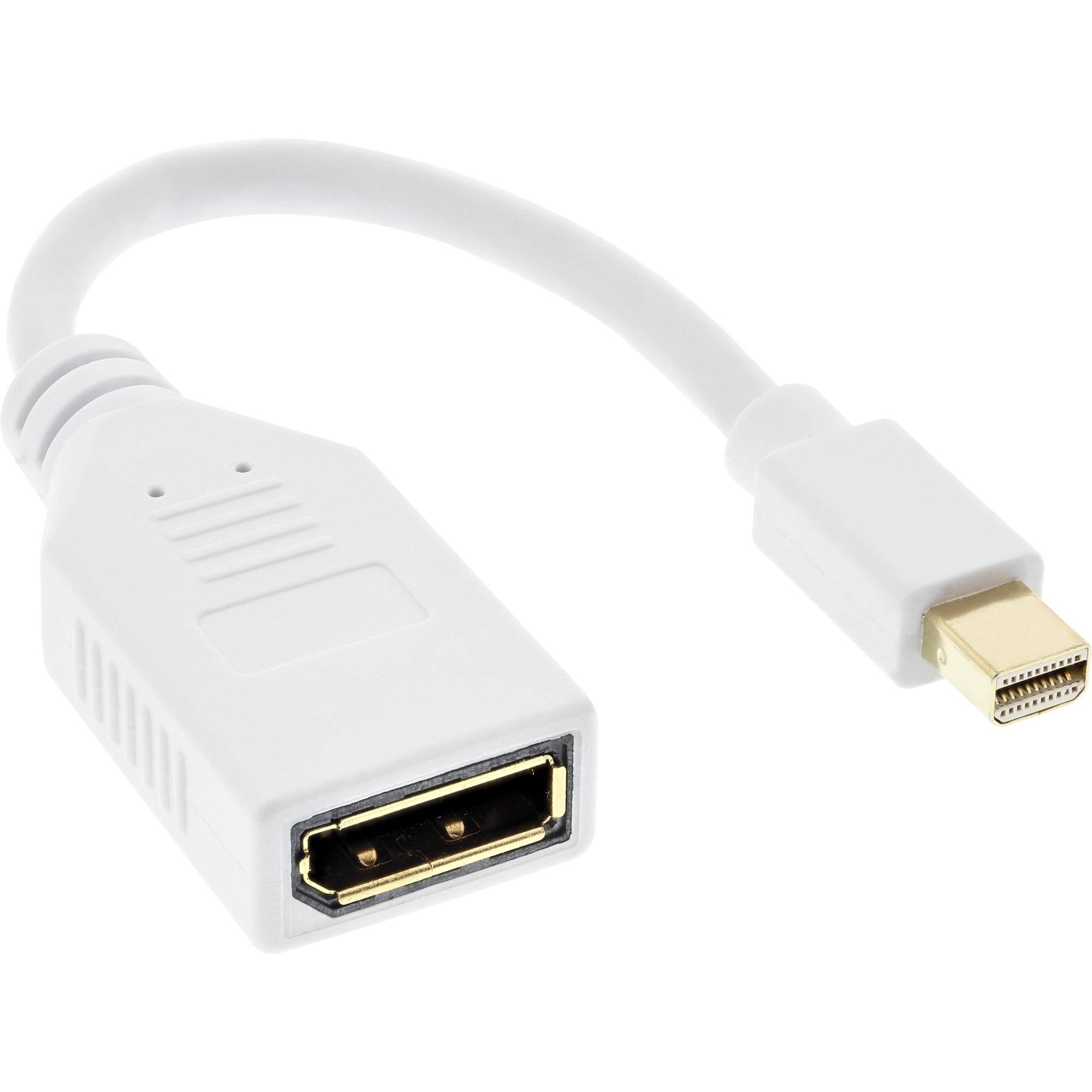 Adaptateur blanc avec entrée DisplayPort et sortie Mini DisplayPort.