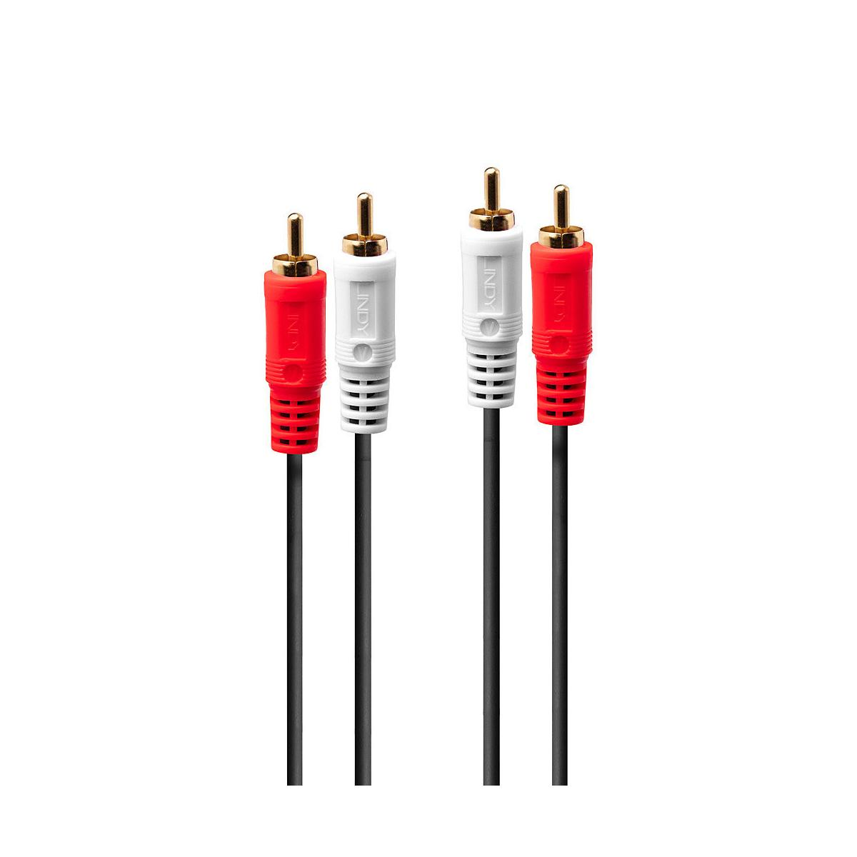 Dwa kable RCA: czerwony/biały. Czarne kable z białymi złączami. Białe tło.