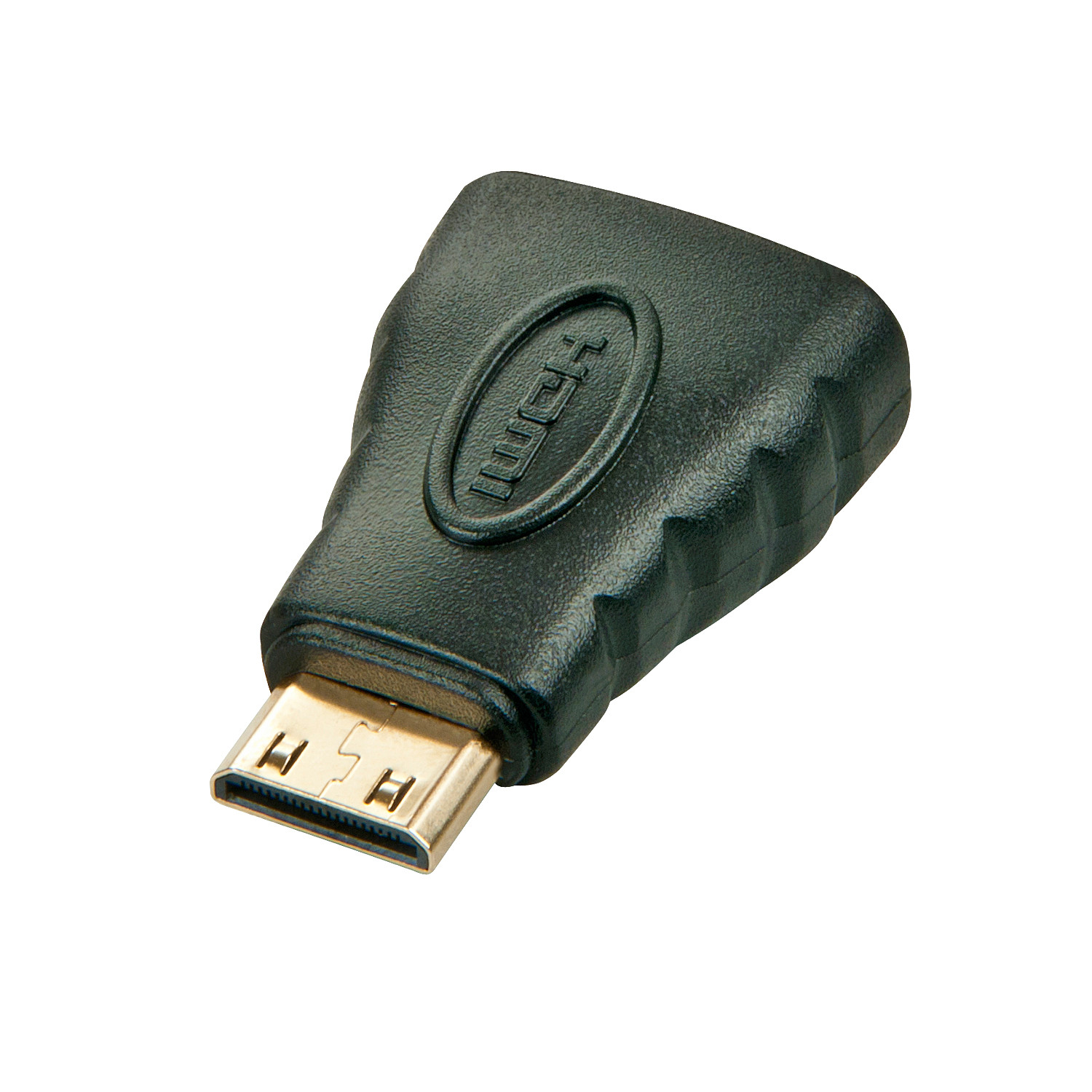 Un adattatore HDMI nero. Sfondo bianco.