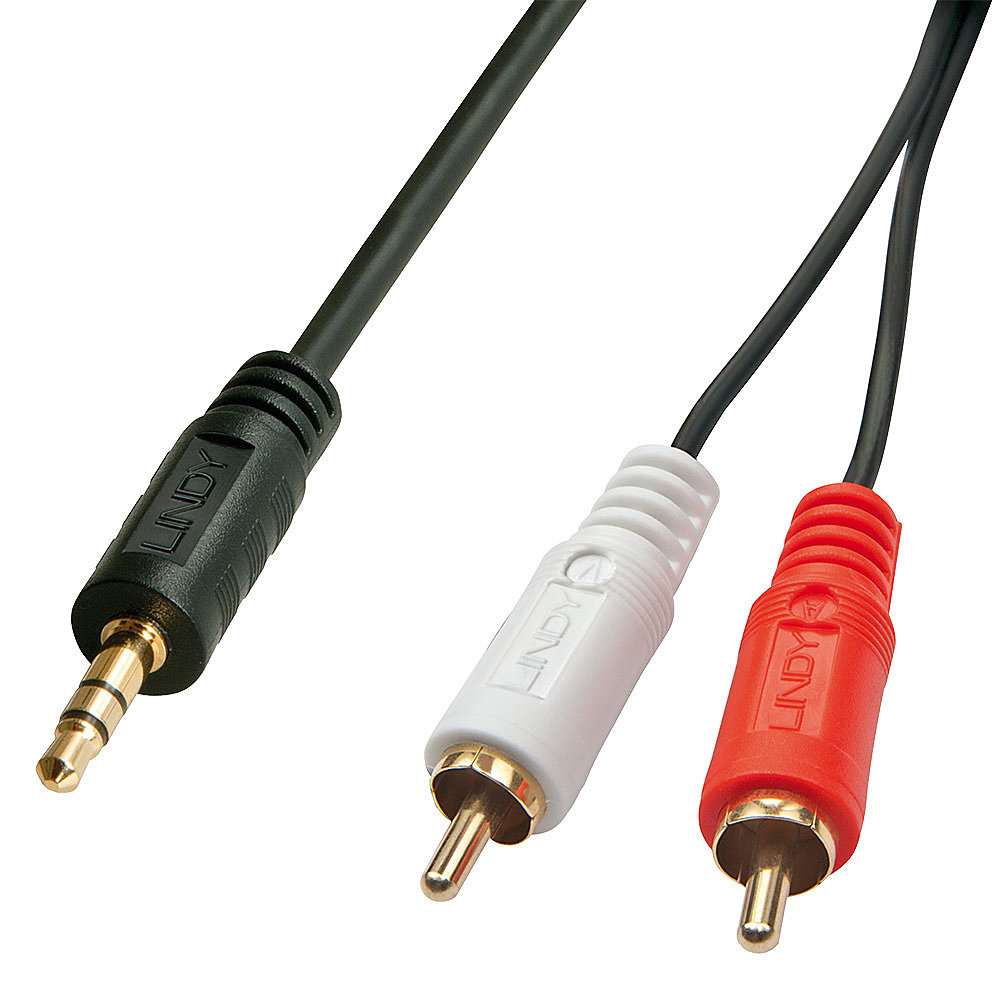 Un cavo nero da jack da 3,5 mm a RCA rosso e bianco. Sfondo bianco.