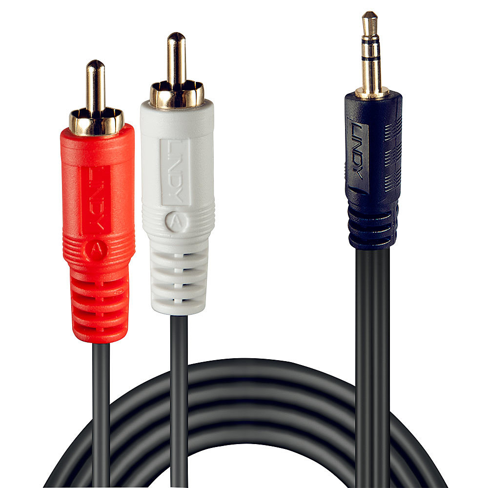Un cavo audio con connettori RCA rosso e bianco e un jack da 3,5 mm nero. Cavo nero.