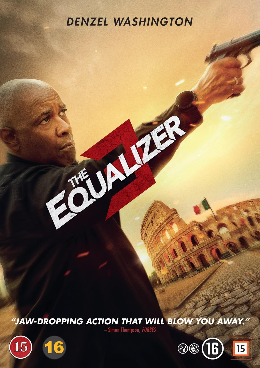 Filmposter voor The Equalizer 2. Denzel Washington richt een pistool met het Colosseum op de achtergrond.
