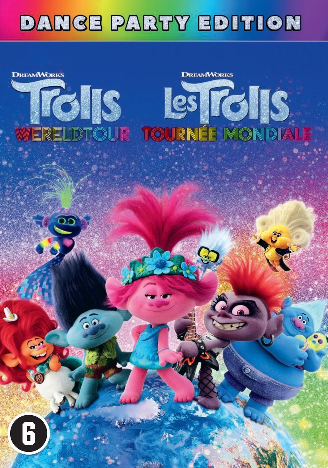 DVD-cover van de Trolls-film met verschillende personages op een planeet, tekst bovenaan.
