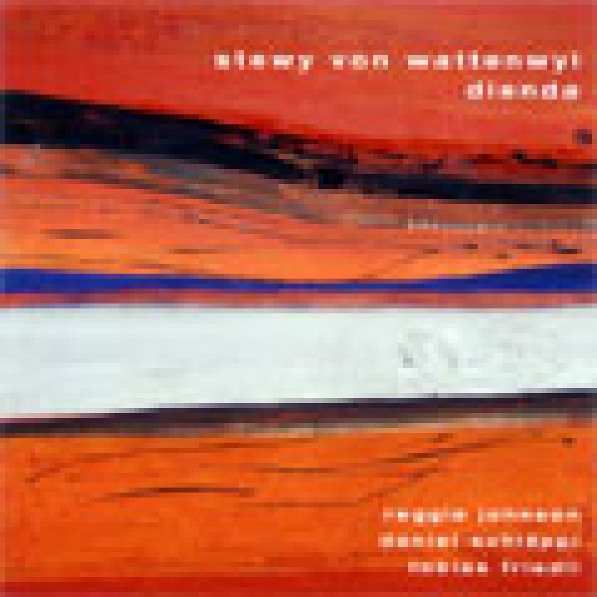 Albumhoes met een abstract oranje en wit ontwerp en tekst.
