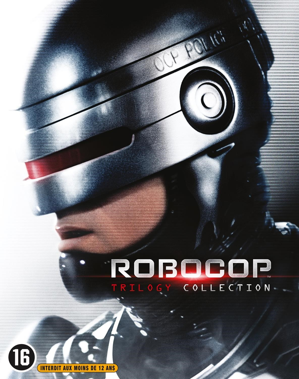 Filmposter: Robocop Trilogy Collection. Gezicht van de robot, helm en de titel van de film.