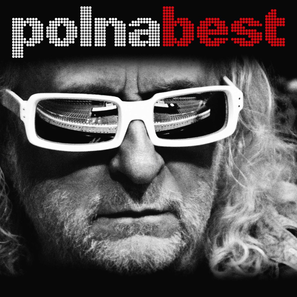 Primo piano di un uomo con occhiali bianchi. Copertina dell'album: polnabest.