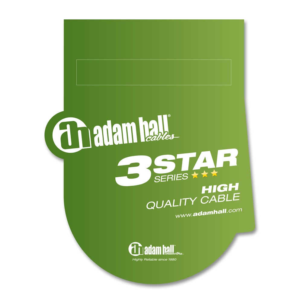 Zielona naklejka kablowa Adam Hall z tekstem: '3 STAR SERIES HIGH QUALITY CABLE'.