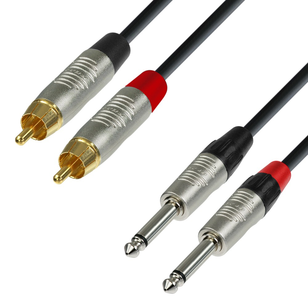 Due paia di cavi audio. Connettori RCA e 1/4". Cavi neri con connettori argento e oro.
