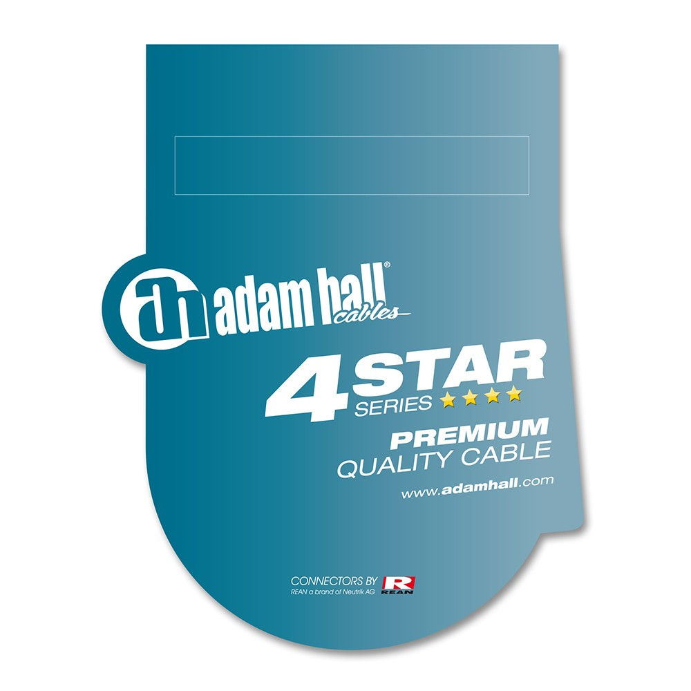 Una etiqueta azul y blanca de Adam Hall Cables con texto: 4 STAR SERIES, Premium Quality Cable. www.adamhall.com