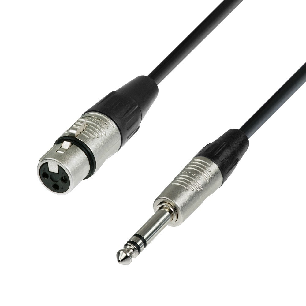 Cavo audio con connettori XLR e jack da 6,35 mm, cavo nero, sfondo bianco.