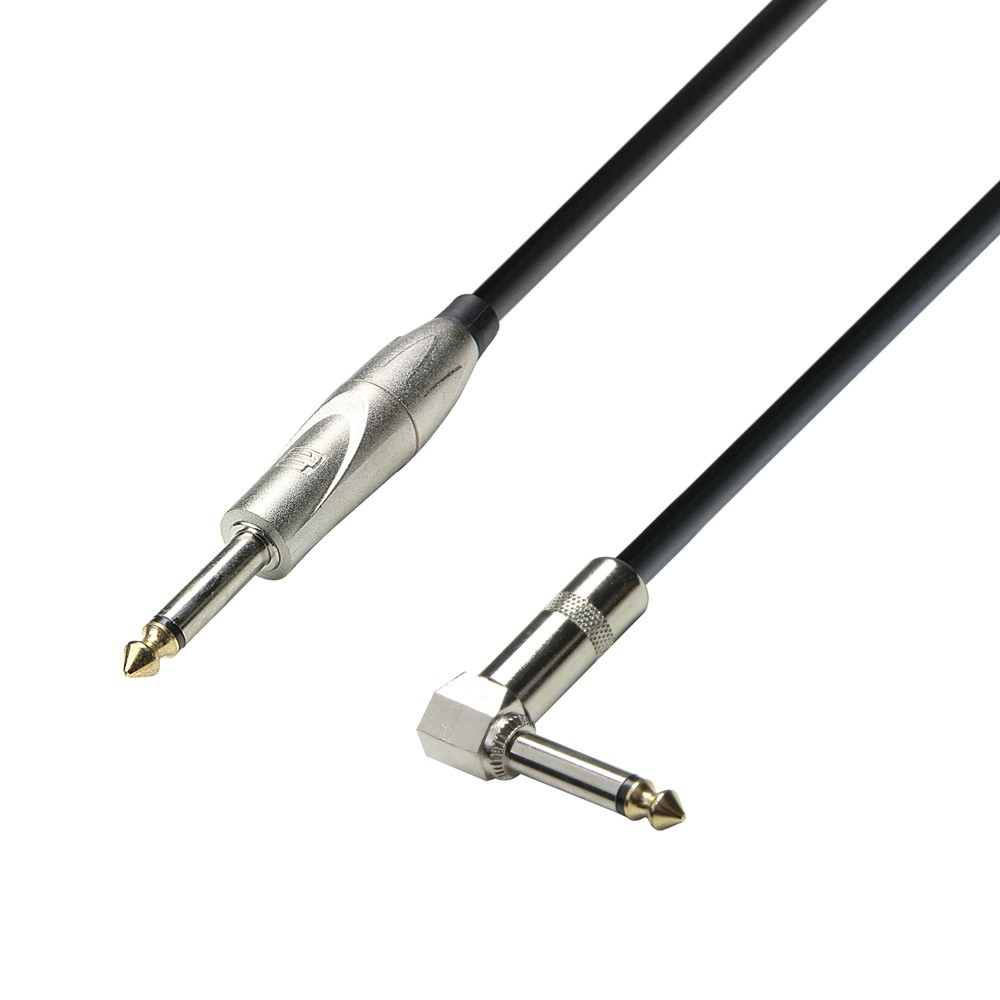Un cavo audio nero con un jack metallico dritto e angolato.