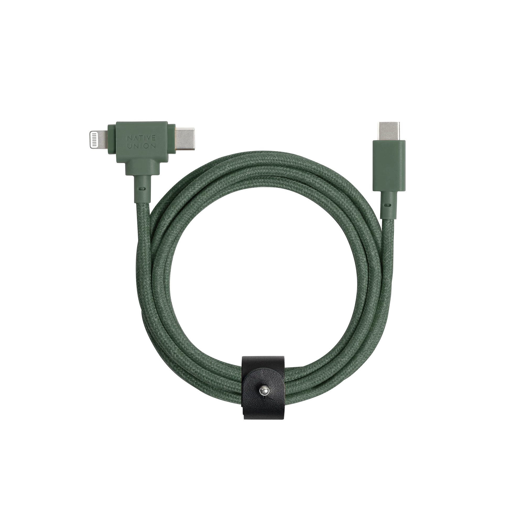 Cavo di ricarica verde con connettori lightning e USB-C e cinturino nero.