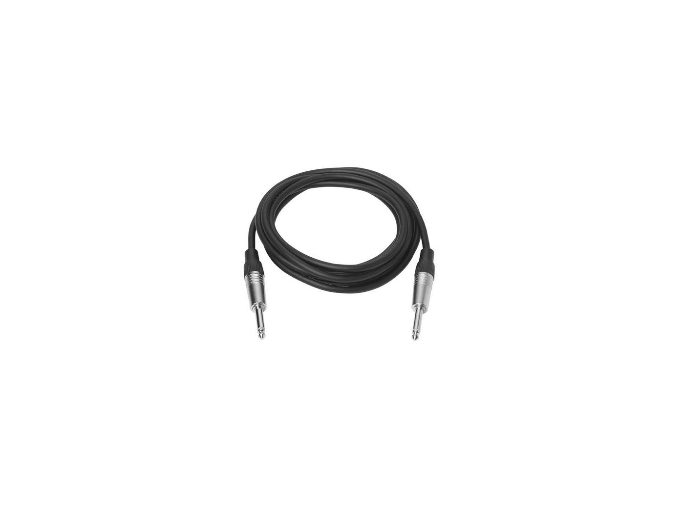 Un cavo audio nero con due connettori jack da 3,5 mm su sfondo bianco.