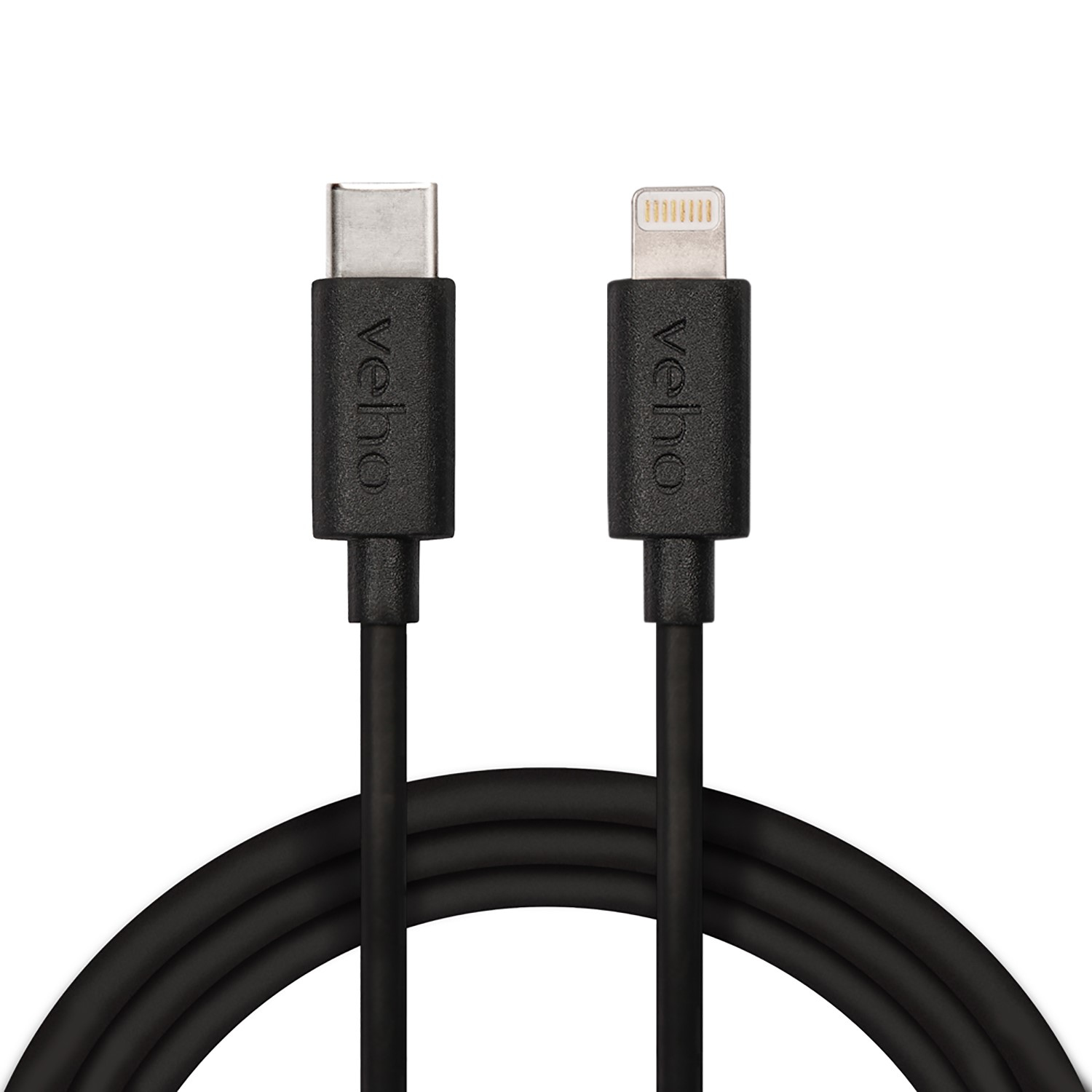 Cavo nero con connettori USB-C e Lightning, marchio veho, su sfondo bianco.