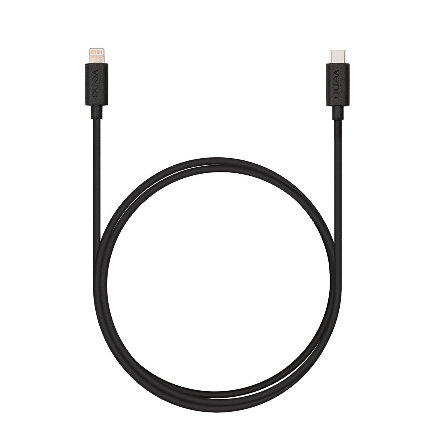 Cavo nero con connettori USB-C e Lightning, marchio veho, disposto ad anello su bianco.