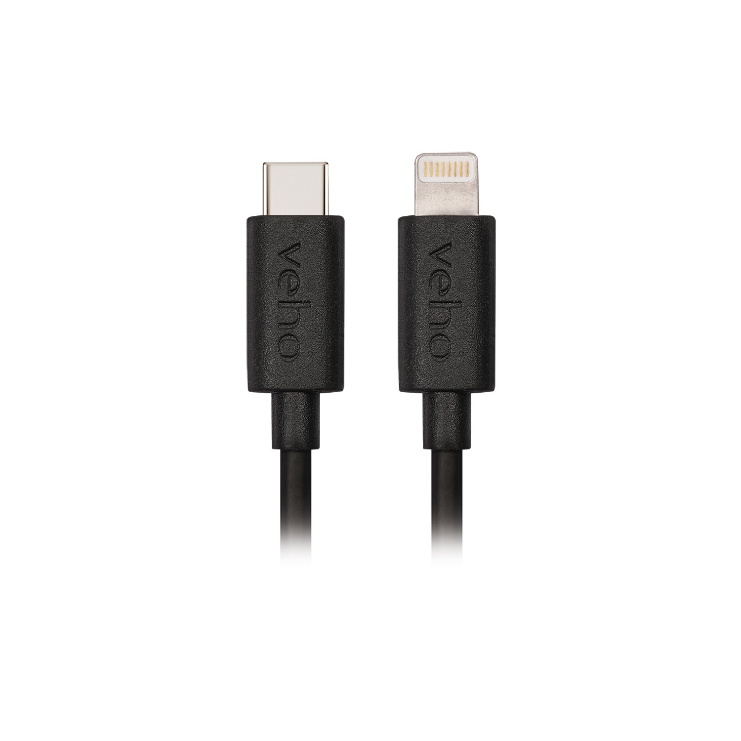 Due cavi di ricarica neri, uno con USB-C e uno con connettori Lightning.