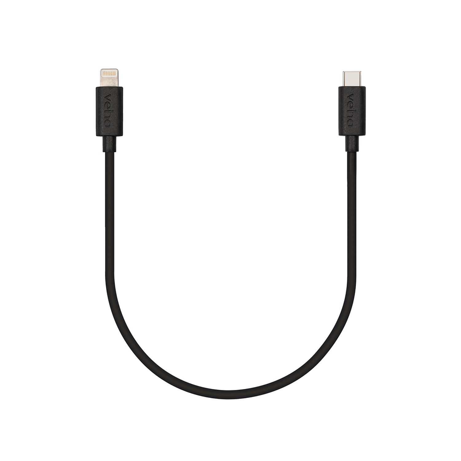 Cavo nero con connettori Lightning e USB-C, su sfondo bianco.
