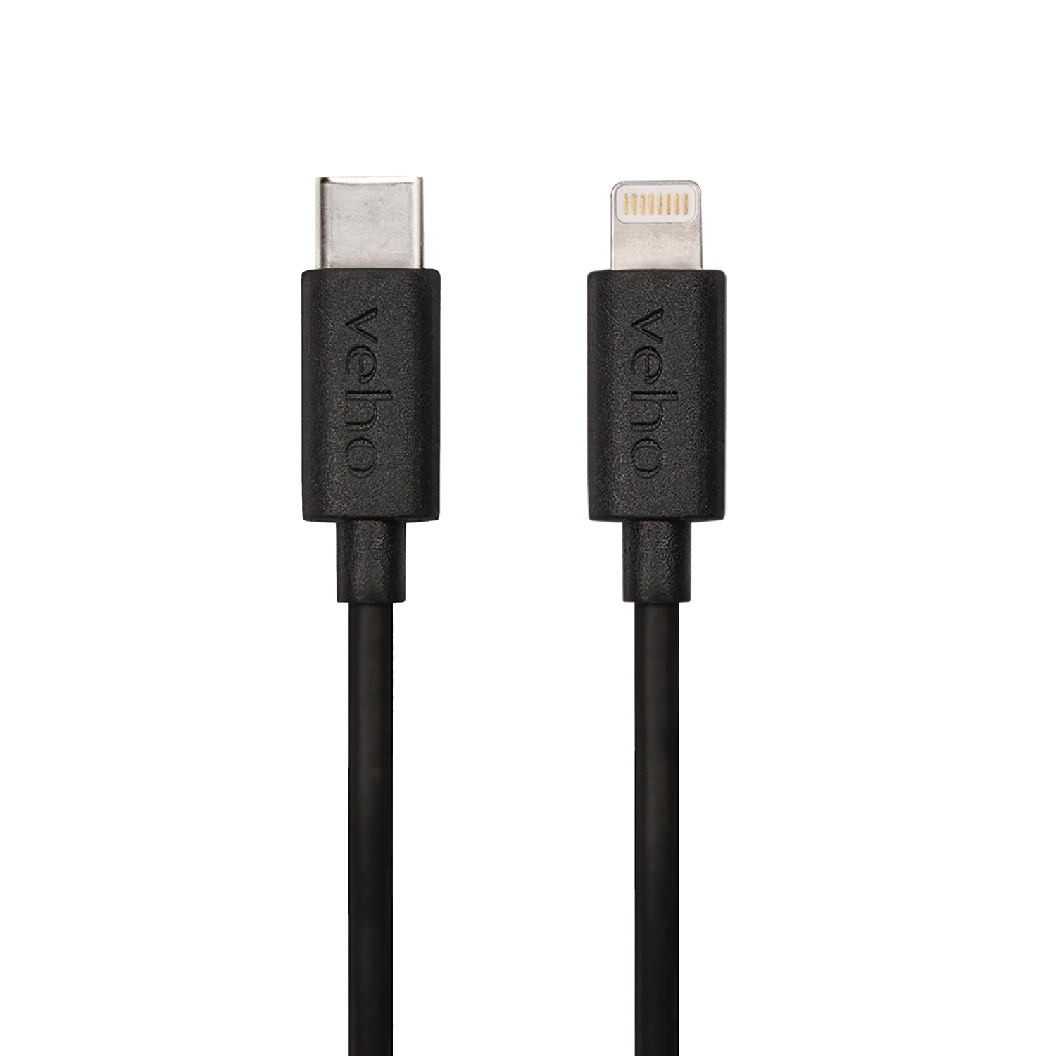 Due cavi USB-C a Lightning Veho neri su sfondo bianco.