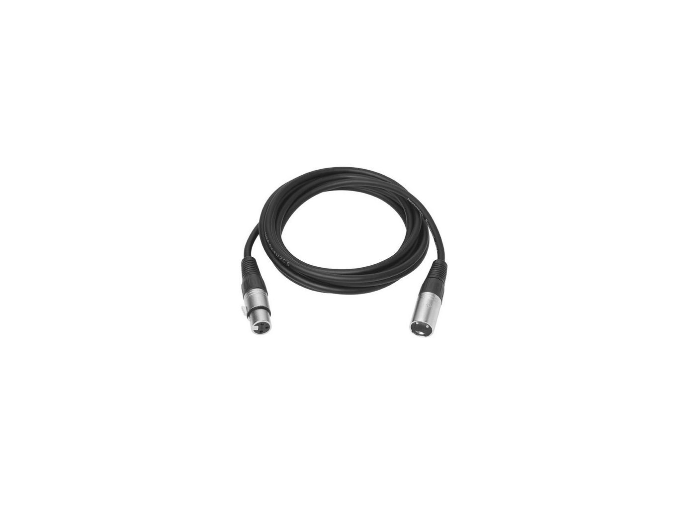 Cavo XLR nero con connettori su sfondo bianco.