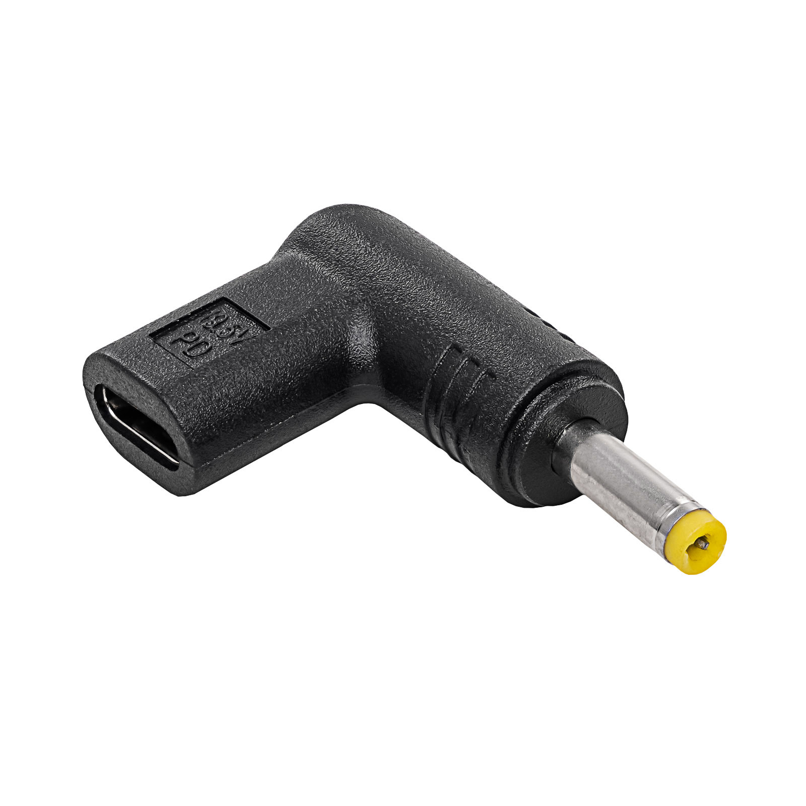 Adattatore nero a L con connettore CC e porta USB-C. Il connettore CC ha una punta gialla.