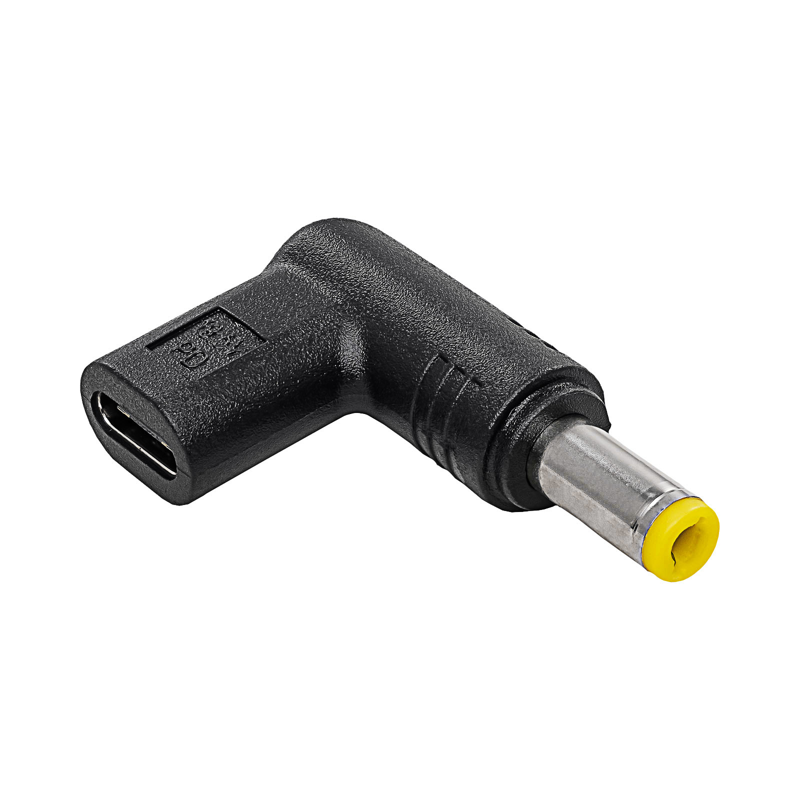 Adattatore nero a L con connettore CC e porta USB-C. Connettore CC con punta gialla.