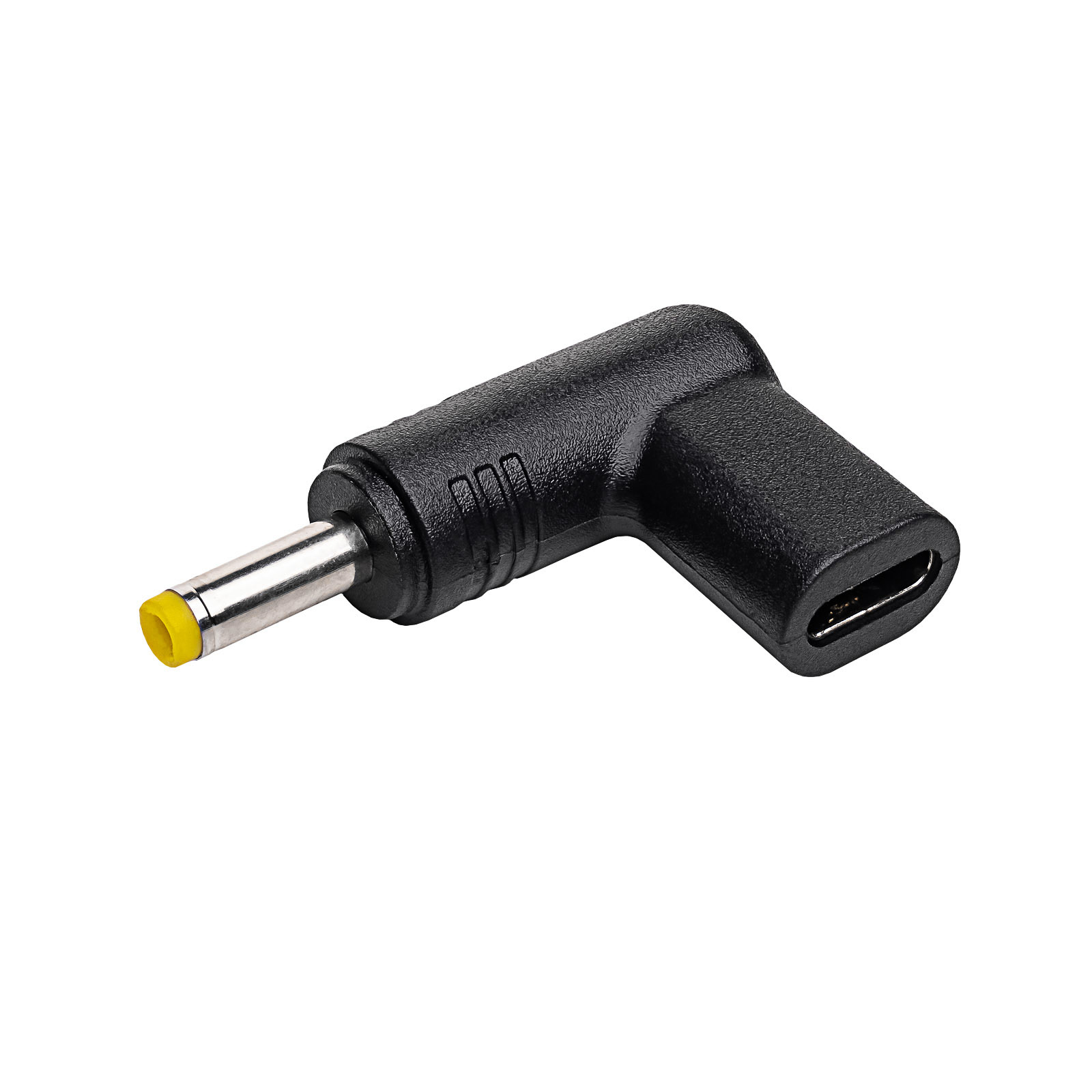Adattatore nero a L con connettore CC e porta USB-C. Il connettore CC ha una punta gialla.