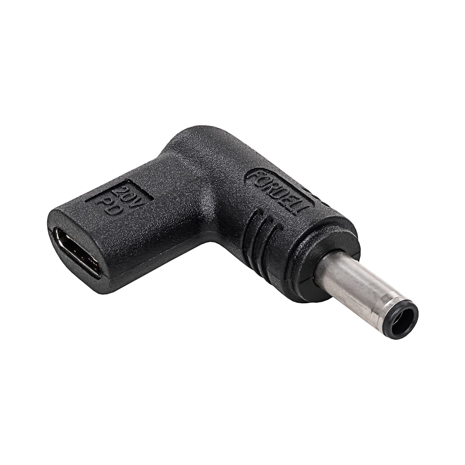 Adattatore nero a L con connettore CC e porta USB-C, con testo 'FORDELL'.