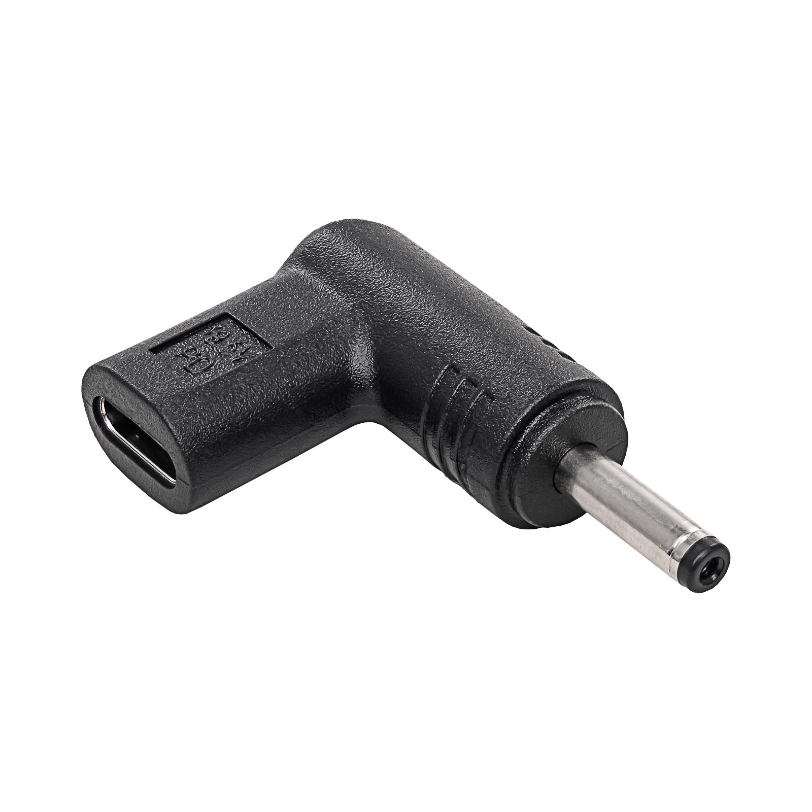 Adattatore nero a L con connettore CC e porta USB-C. Sul lato, '20V PD'.